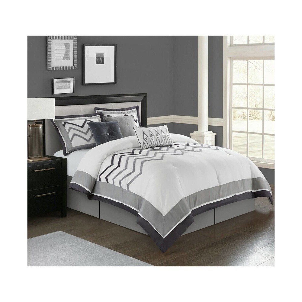 Nanshing Linnet Geometric 7-Pc. Comforter Set - CALIFORNIA KING - Gray / White